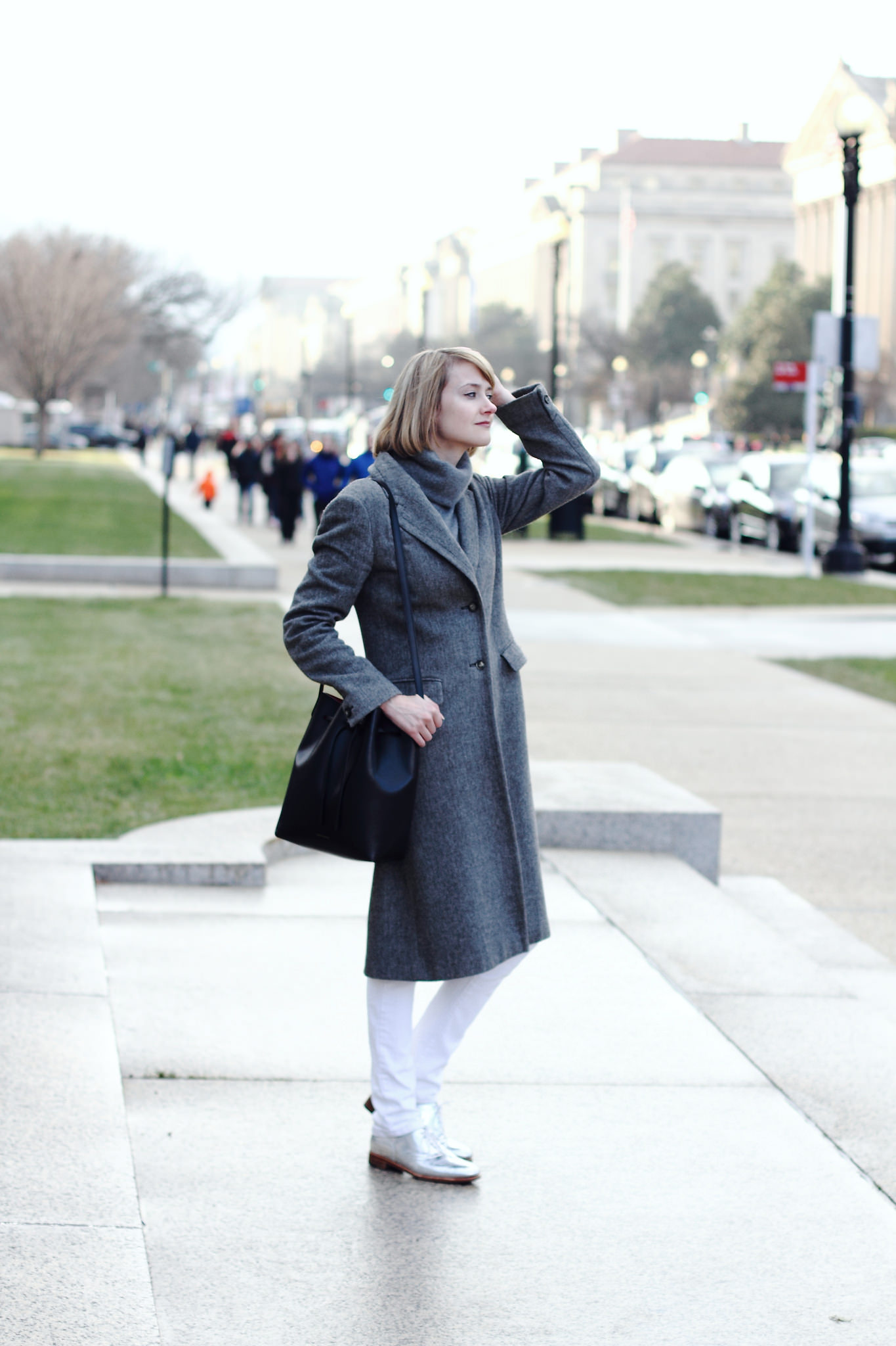 gray French Connection coat and Robert Clergerie brogues