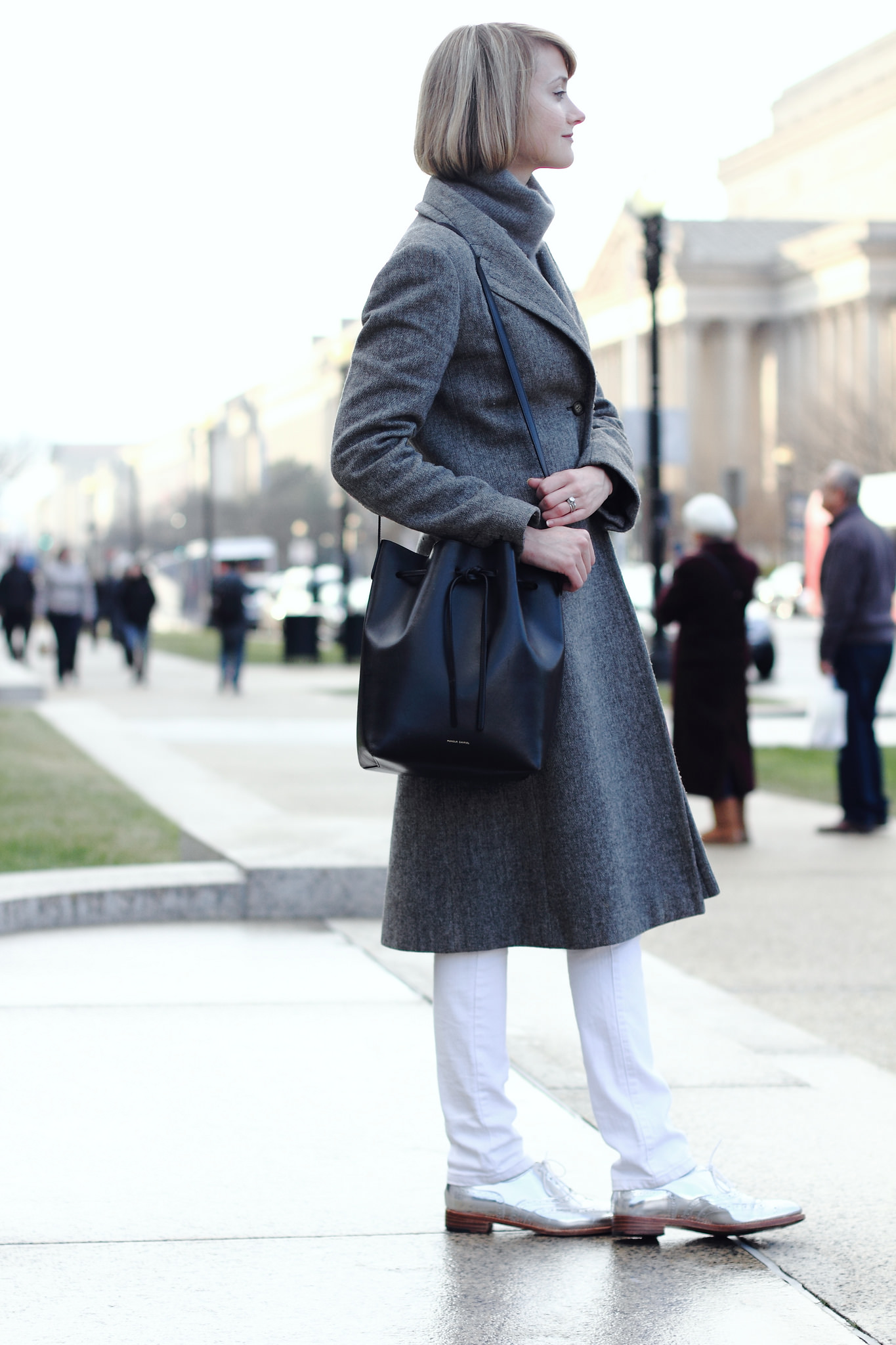 gray French Connection coat and Robert Clergerie brogues
