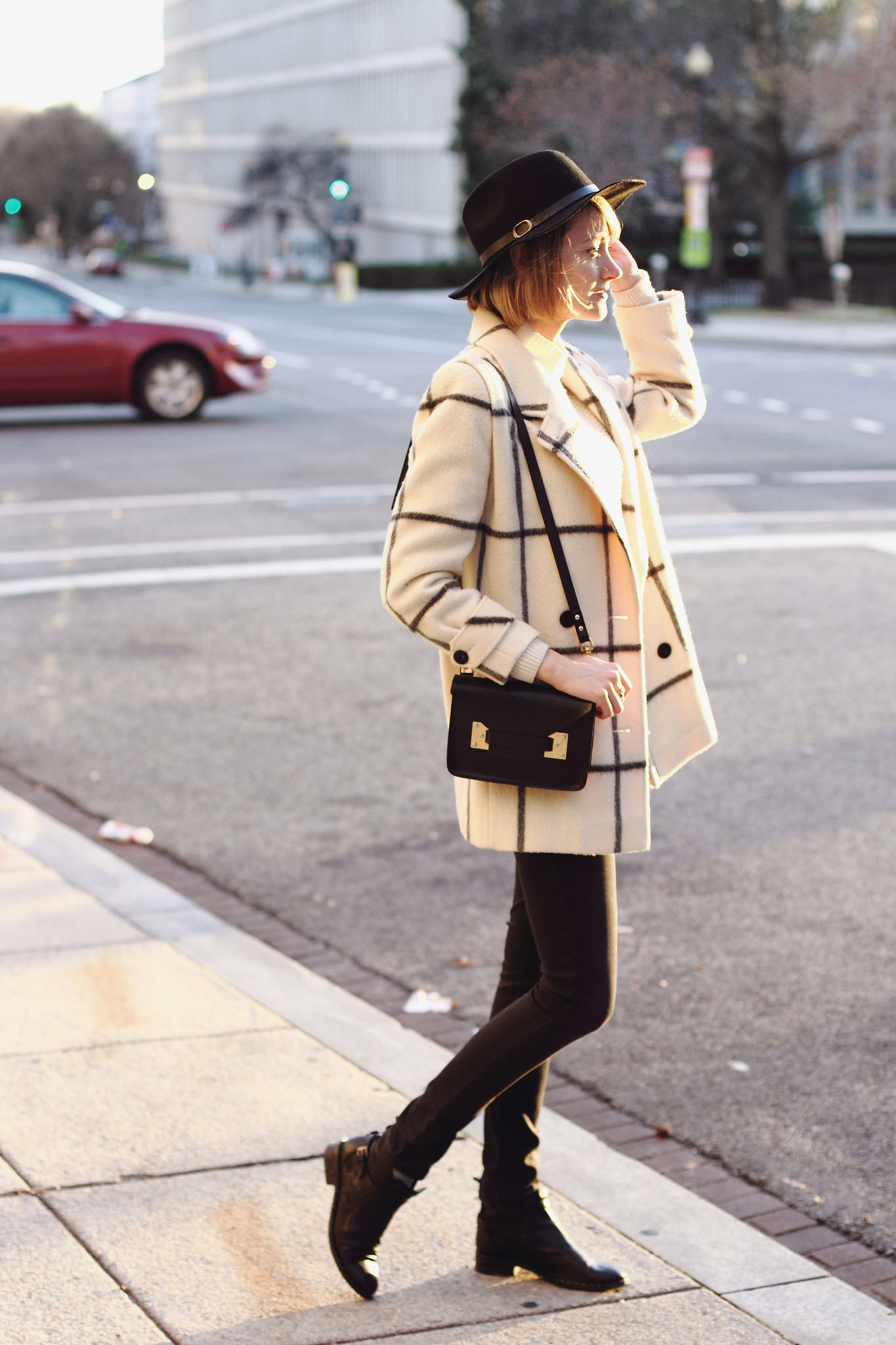 vintage check coat and black jeans