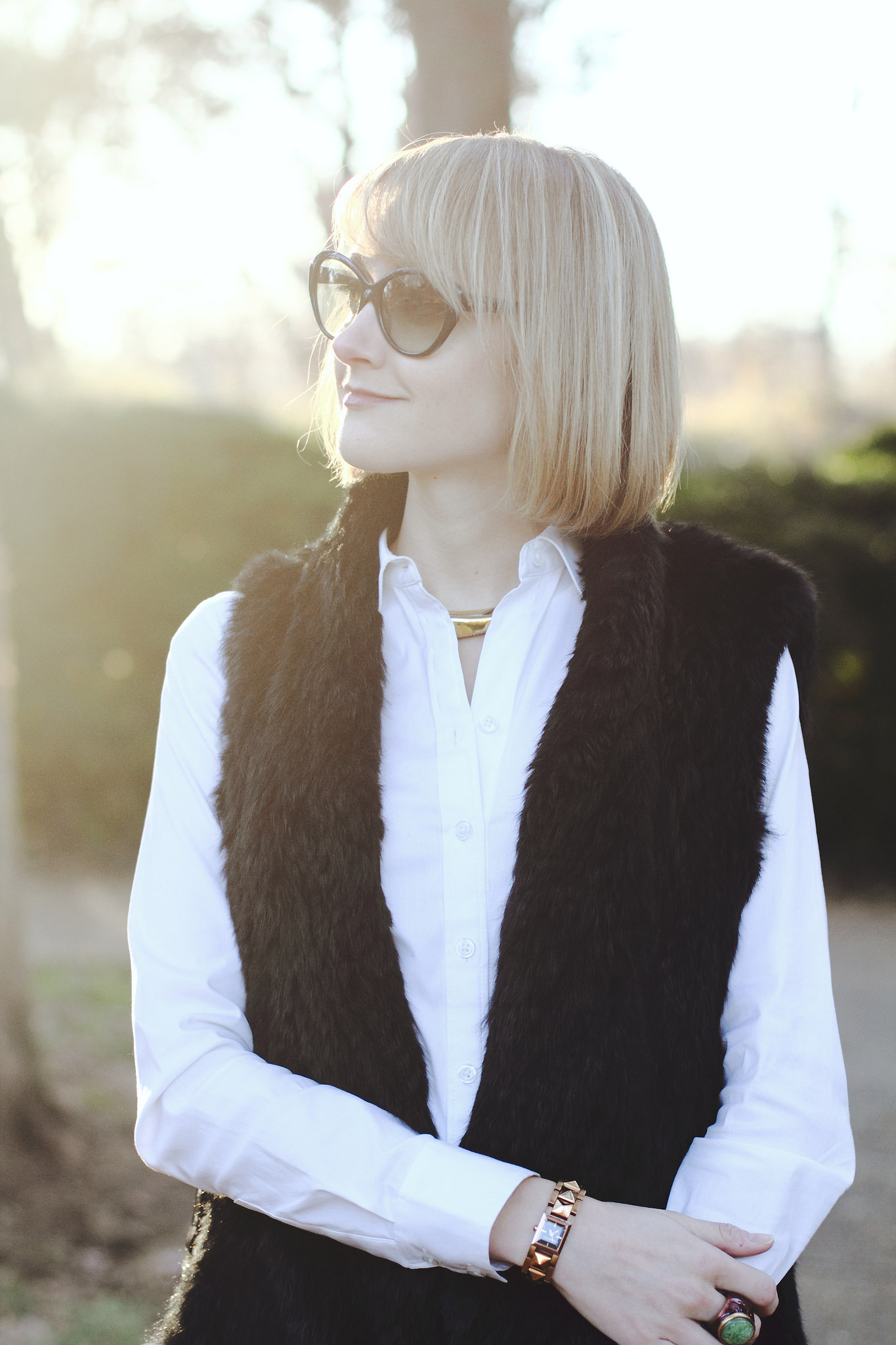 Tsalt fur vest and J Brand flared jeans