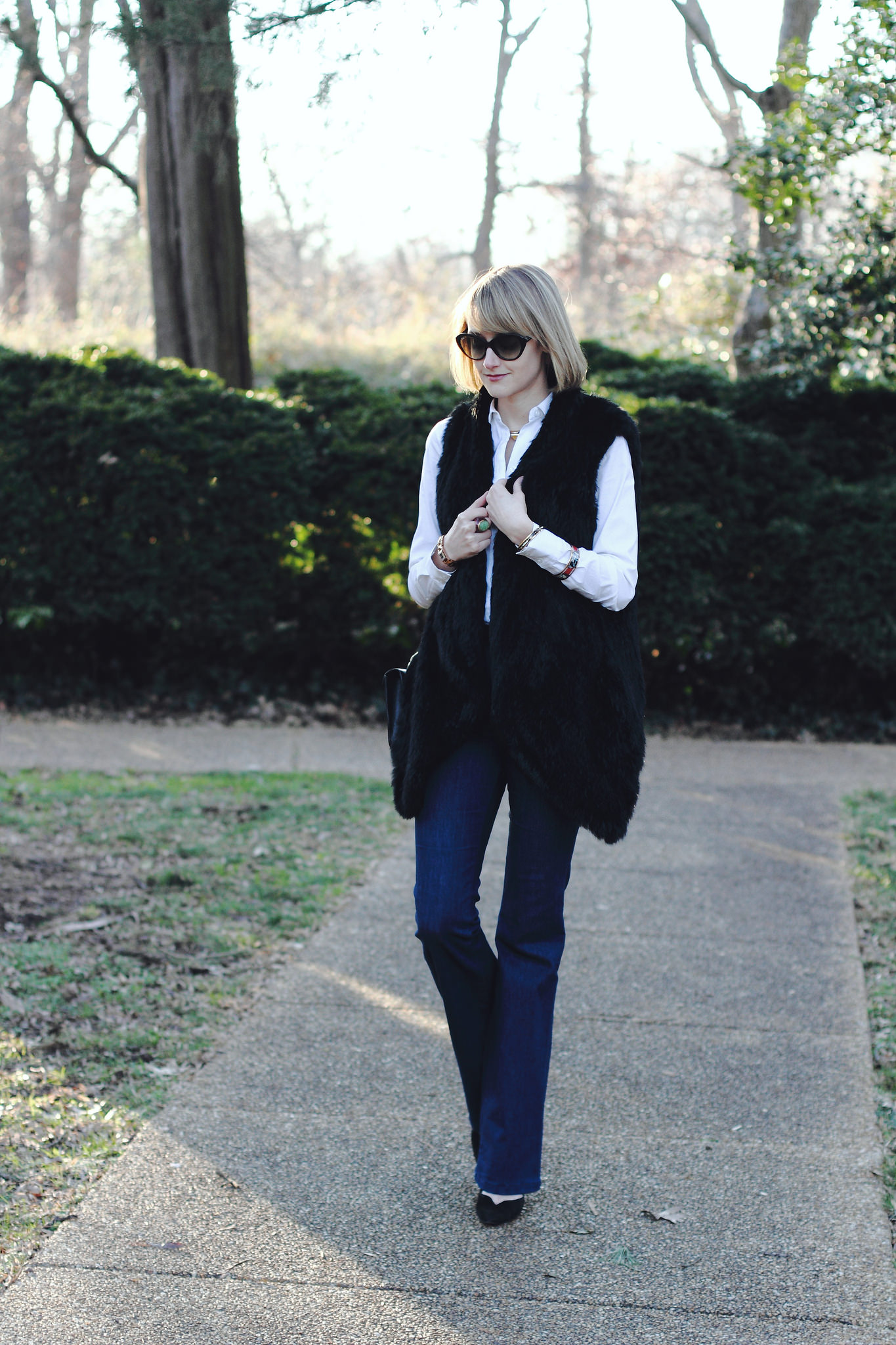 Tsalt fur vest and J Brand flared jeans