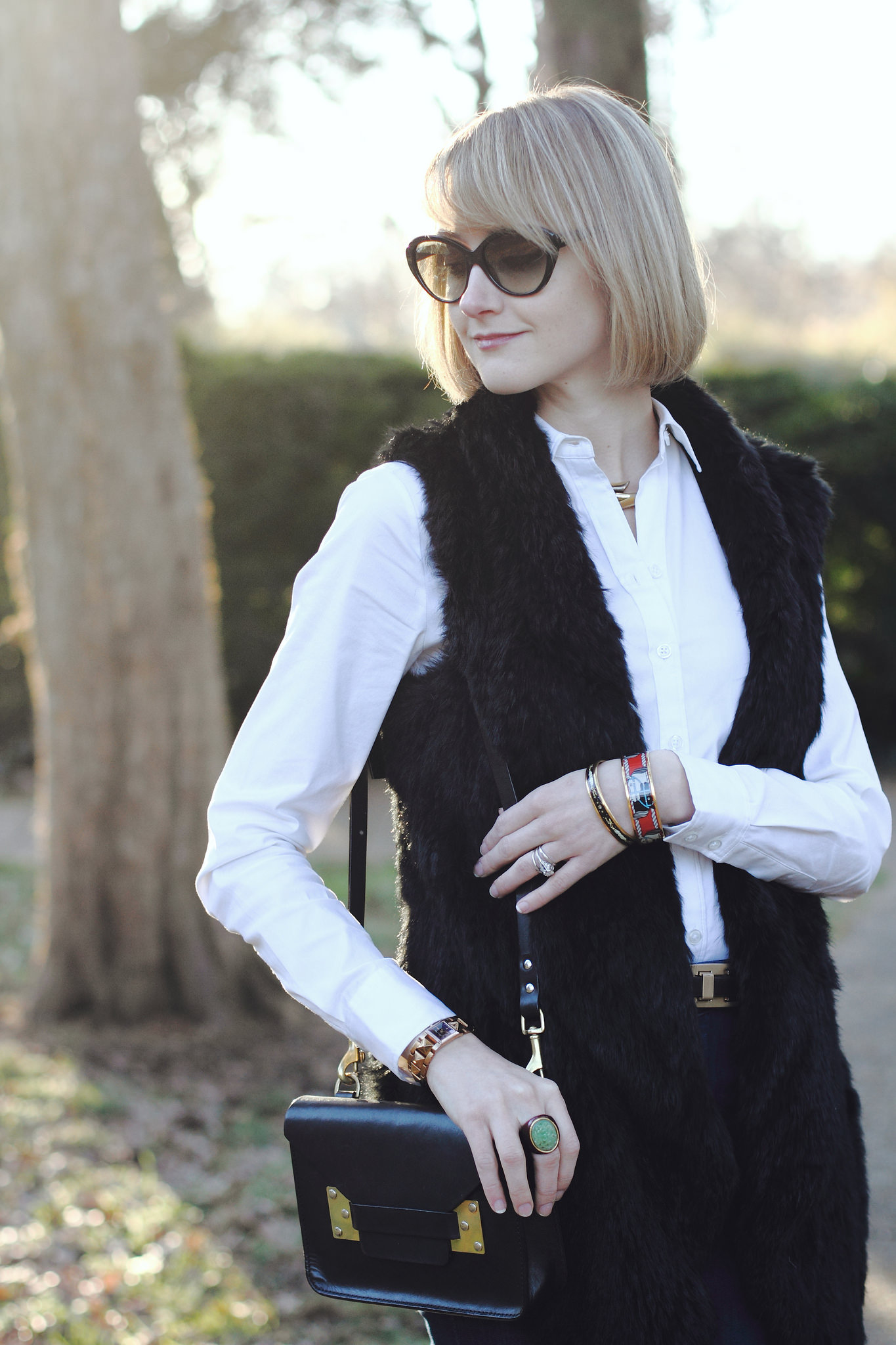 Tsalt fur vest and J Brand flared jeans