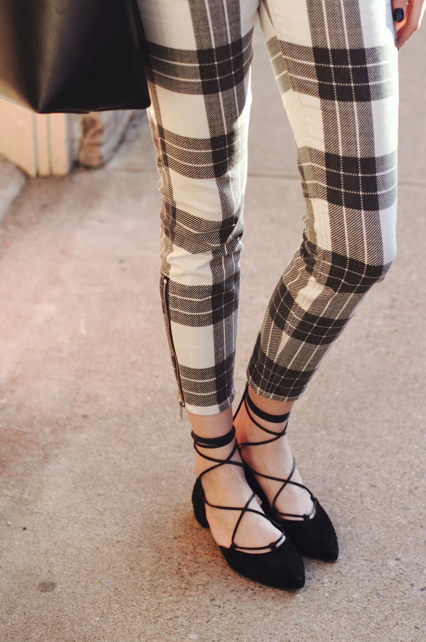 plaid Mother jeans and Stuart Weitzman lace-up flats