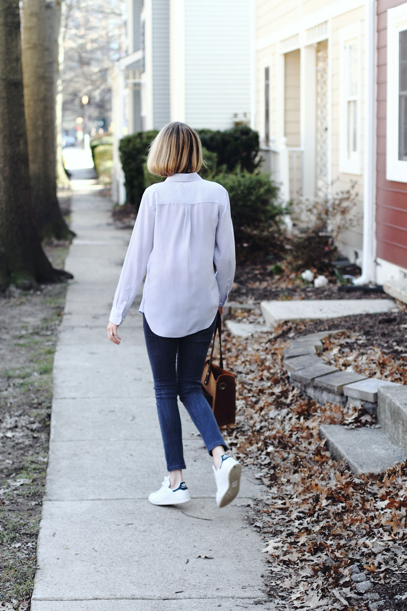 Equipment button-down, DL1961 jeans, and Stan Smiths