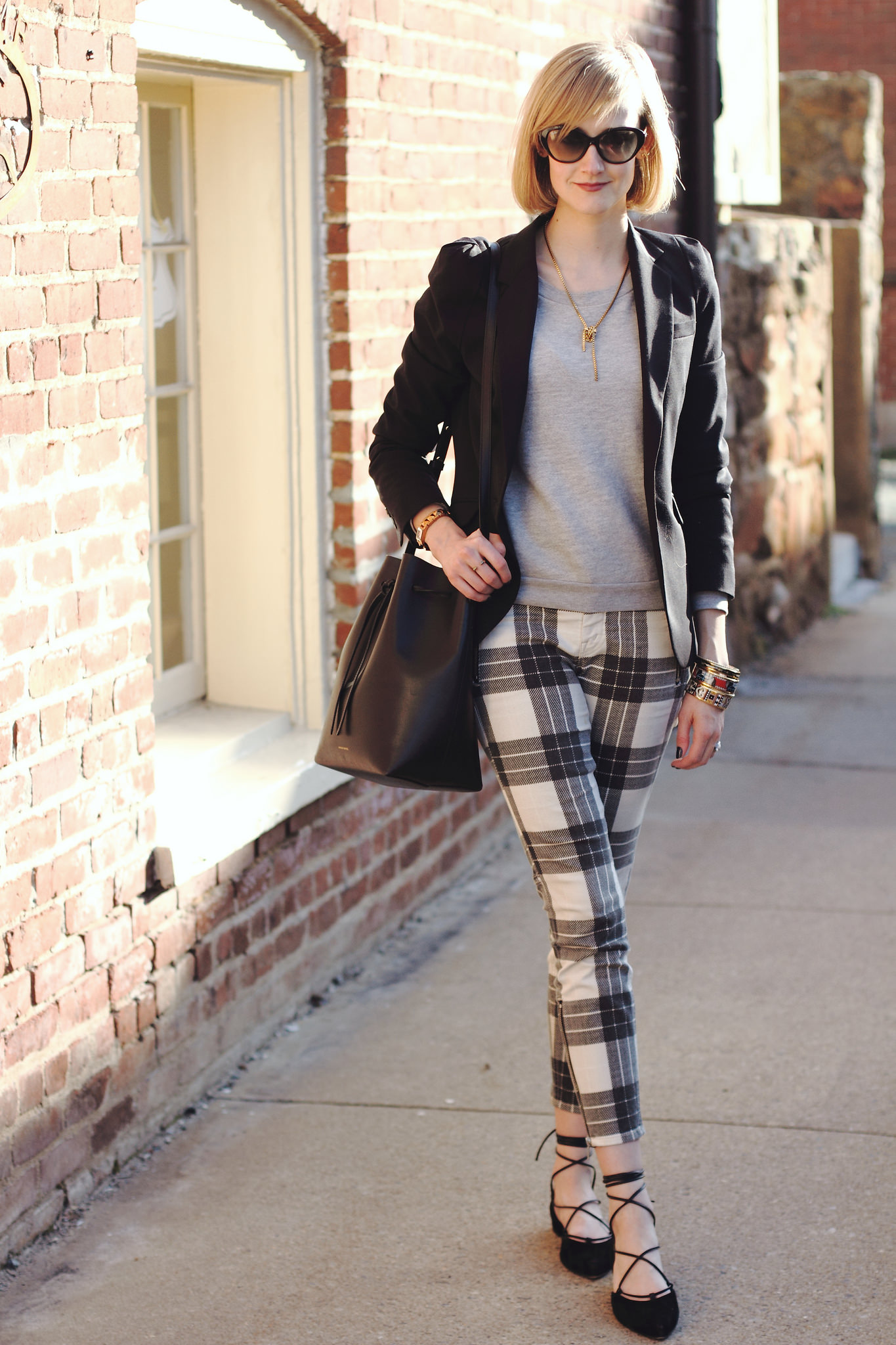 plaid Mother jeans and Stuart Weitzman lace-up flats