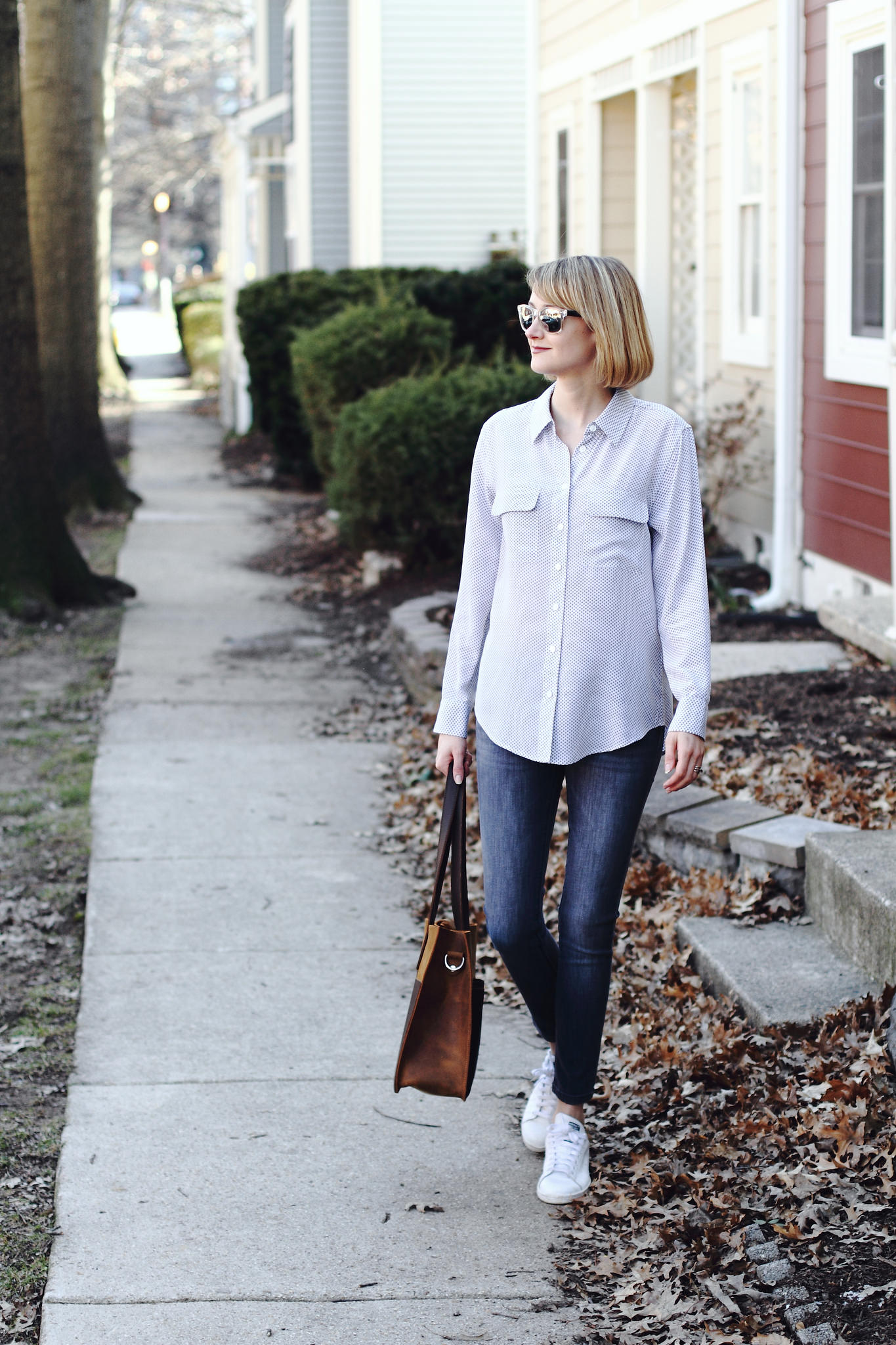 Equipment button-down, DL1961 jeans, and Stan Smiths