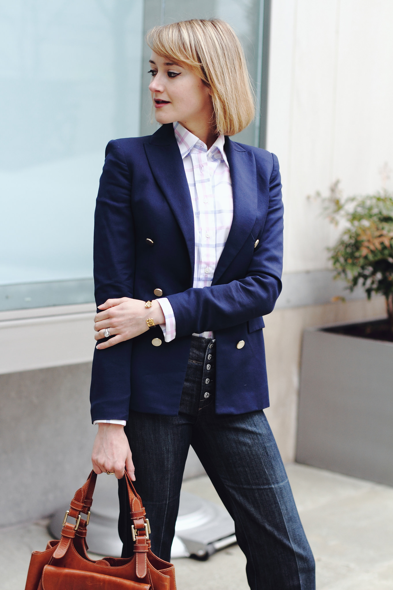 Zara blazer, french cuff button-down & 7FAM jeans
