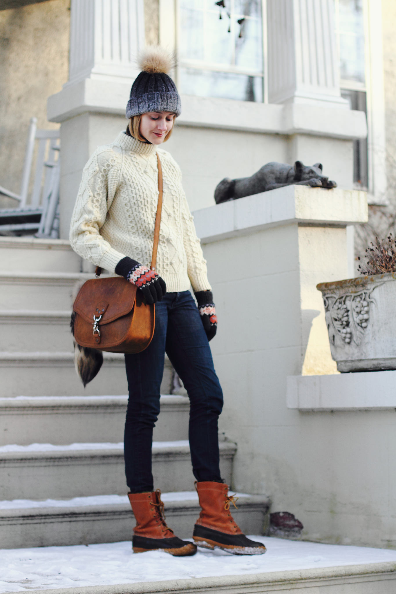 fishermans sweater and L.L. Bean duck boots