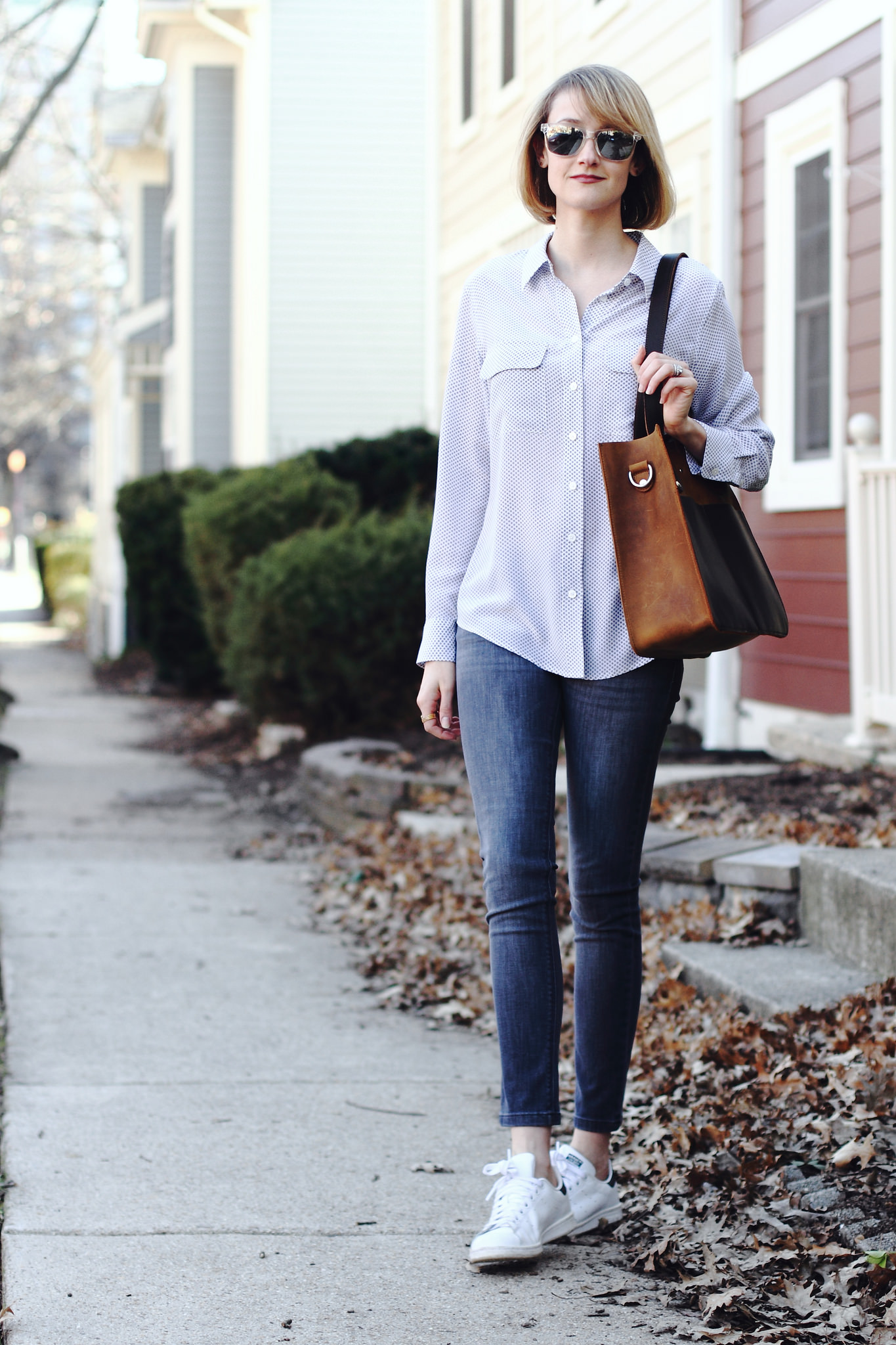 Equipment button-down, DL1961 jeans, and Stan Smiths