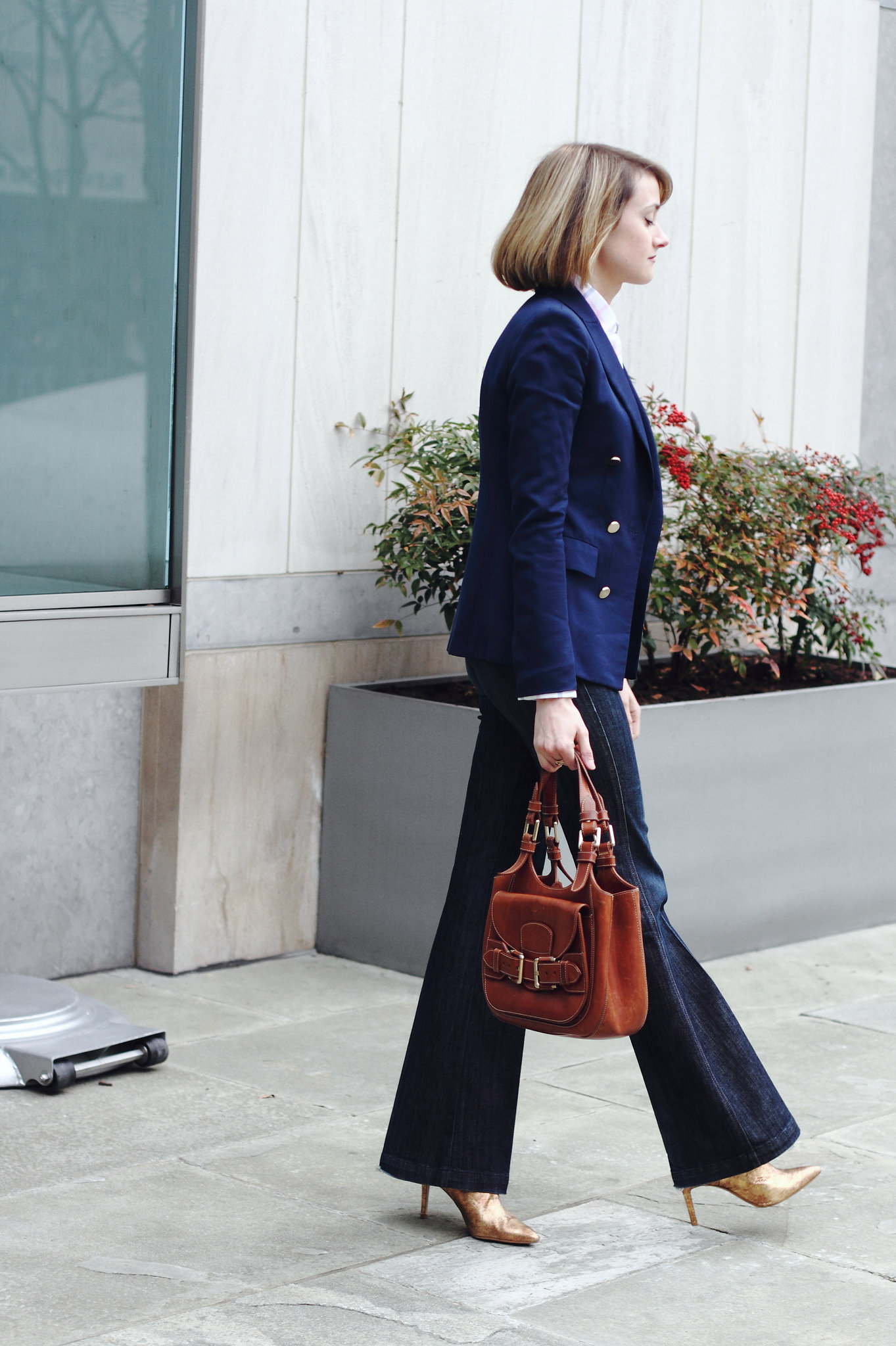 Zara blazer, french cuff button-down & 7FAM jeans