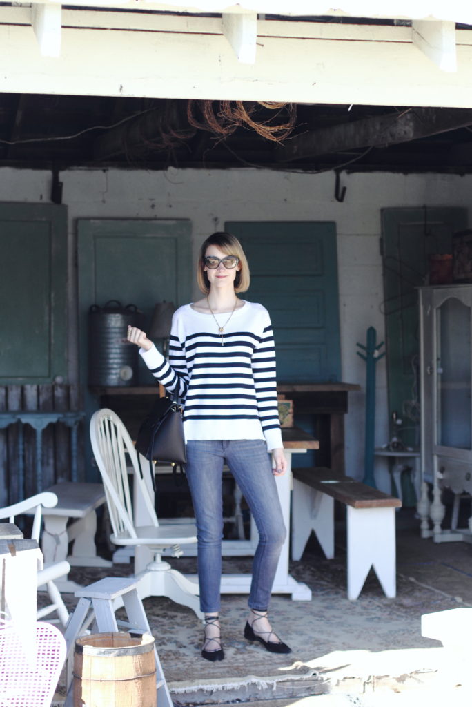 striped top, gray skinny jeans and lace-up flats