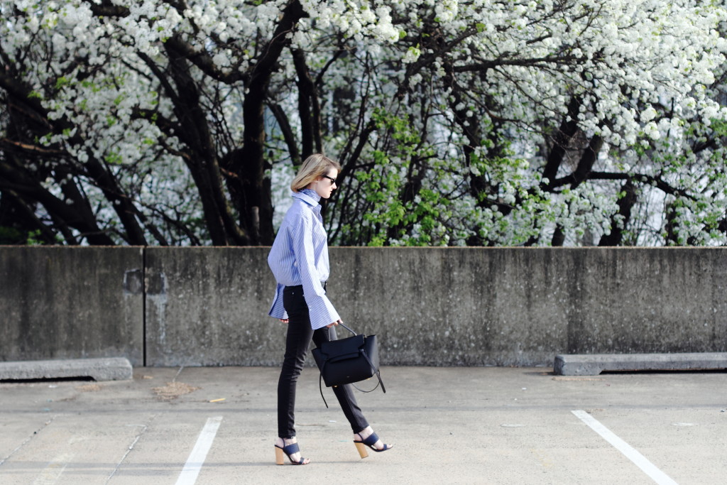 oversize sleeve shirt, skinny jeans and Celine belt bag