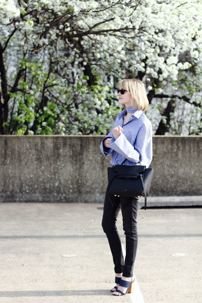 oversize sleeve shirt, skinny jeans and Celine belt bag