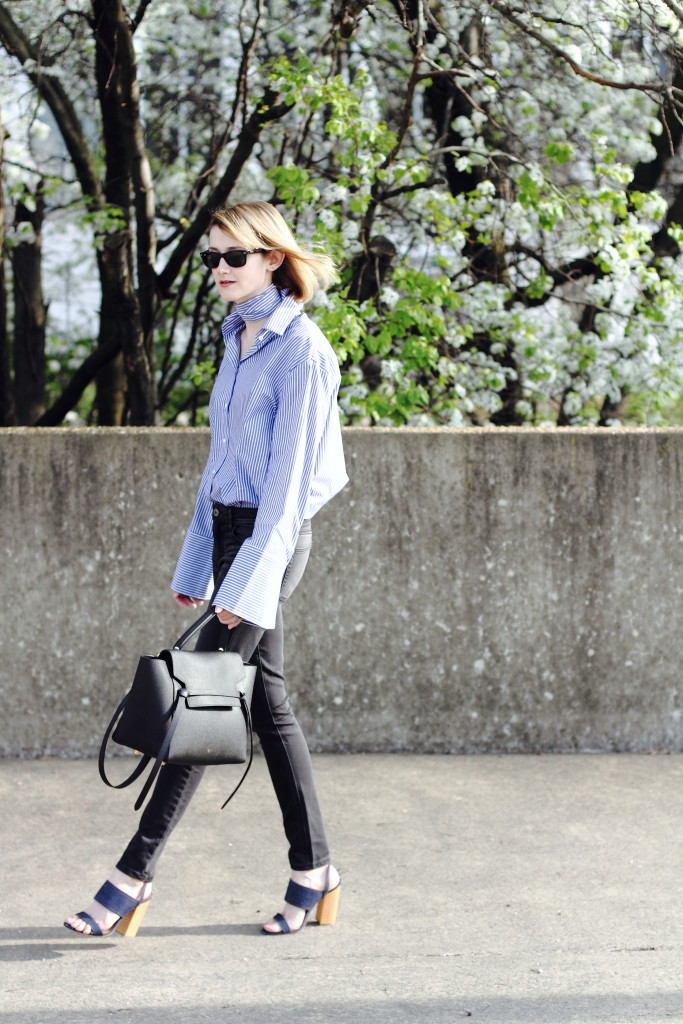 oversize sleeve shirt, skinny jeans and Celine belt bag