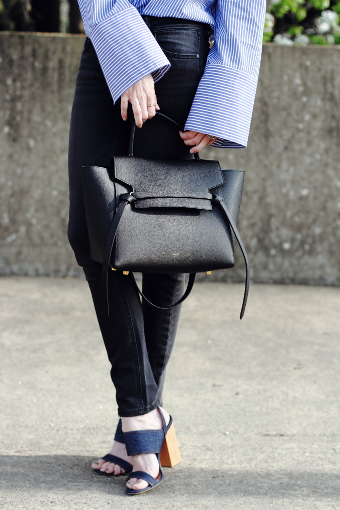 oversize sleeve shirt, skinny jeans and Celine belt bag