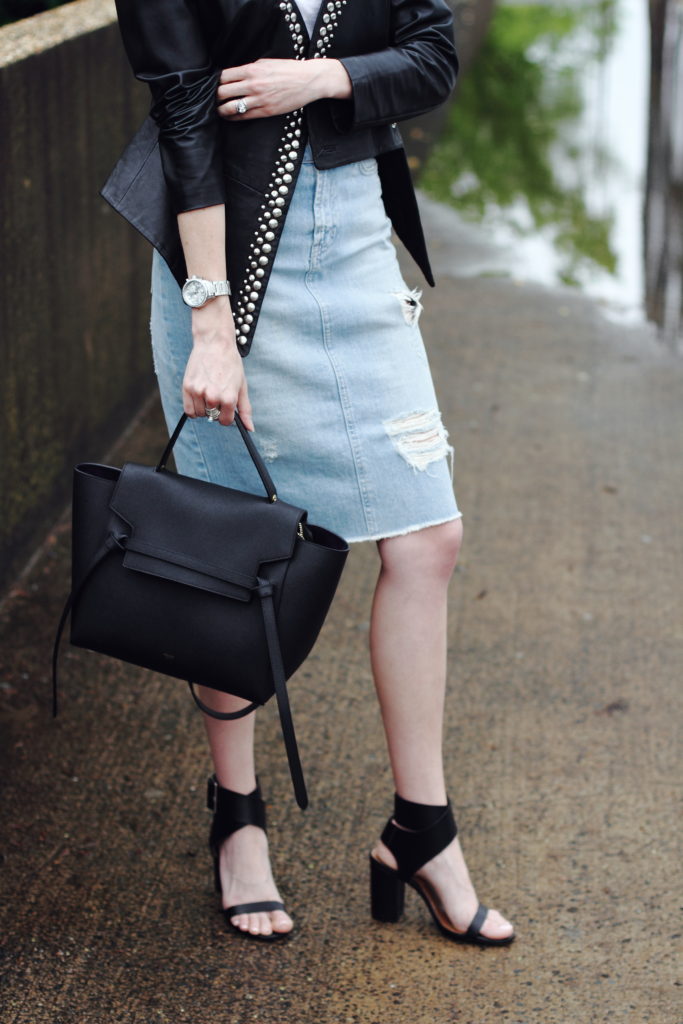 studded leather jacket and distressed denim skirt