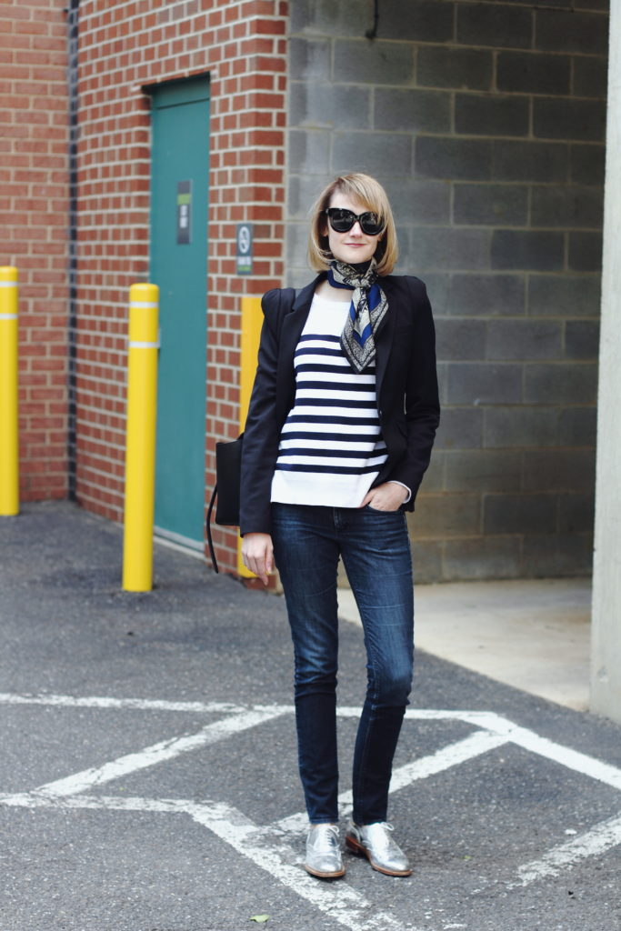 neck scarf and striped top