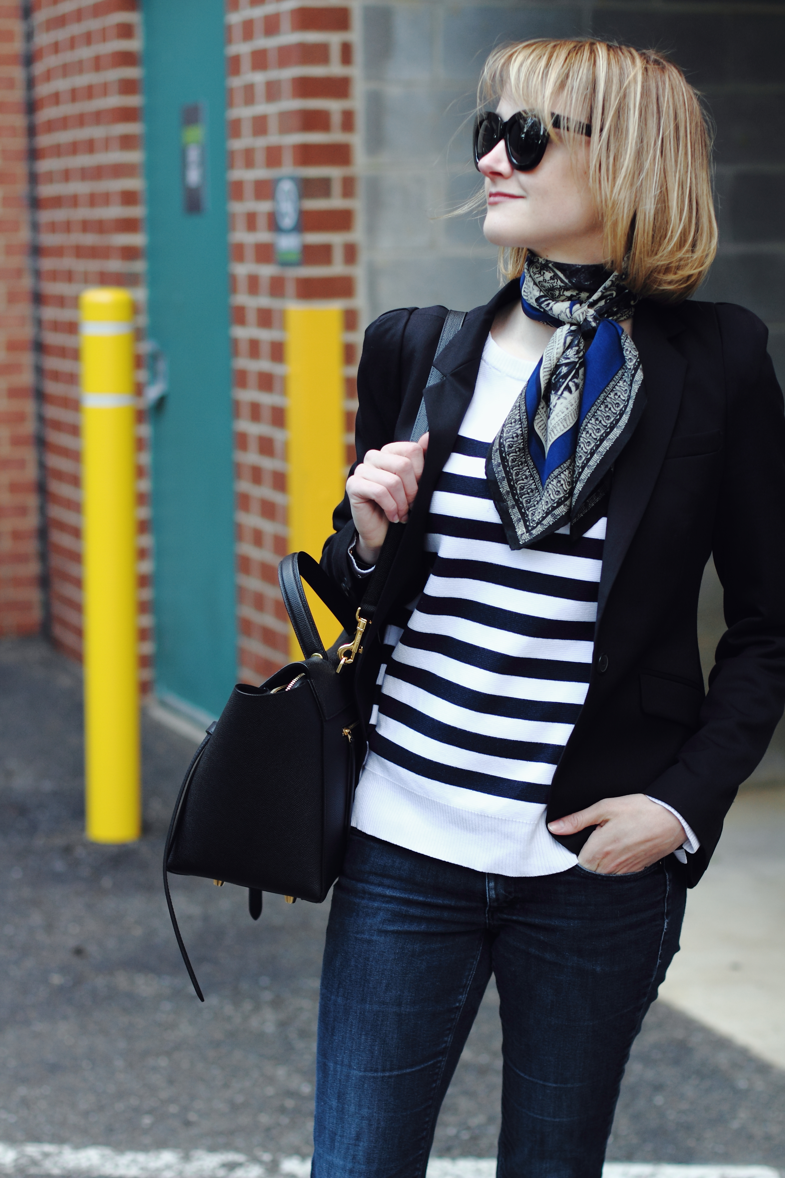 neck scarf and striped top