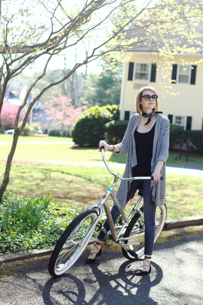 bandana neck scarf, shawl cardigan and skinny jeans