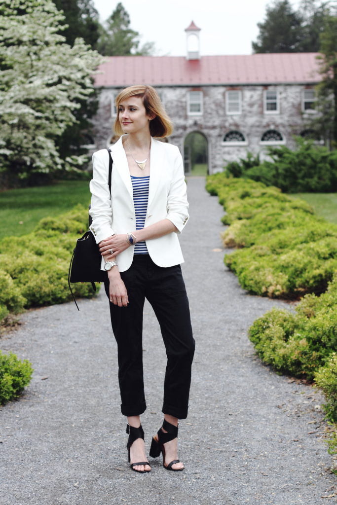 white blazer, striped tank top, cropped chinos