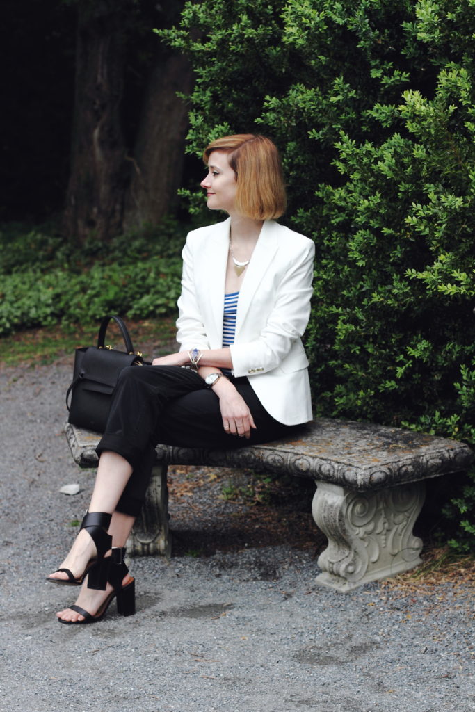 white blazer, striped top, and cropped chinos