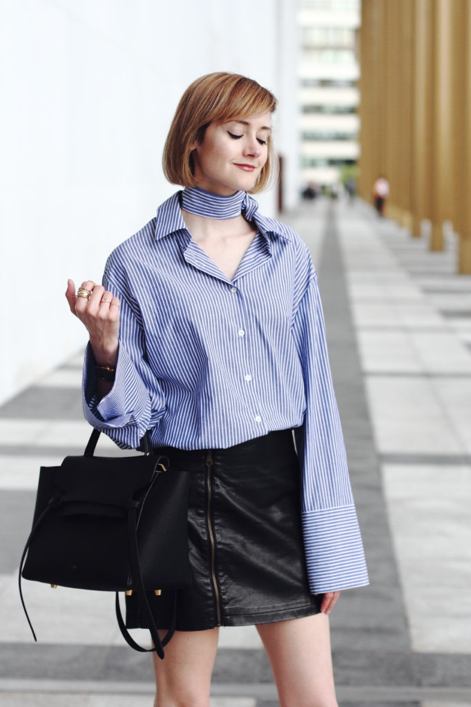 extra long sleeve shirt and leather skirt