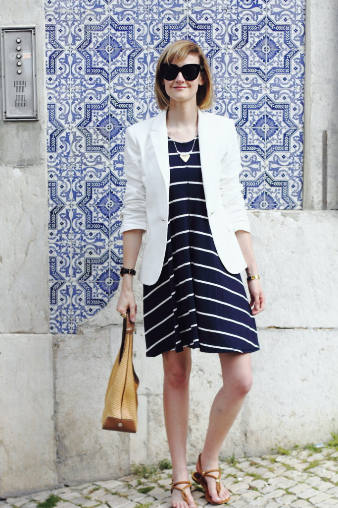 white blazer and striped dress