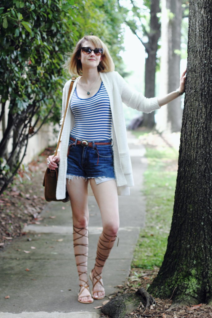 striped top, cut-offs, and lace-up gladiators