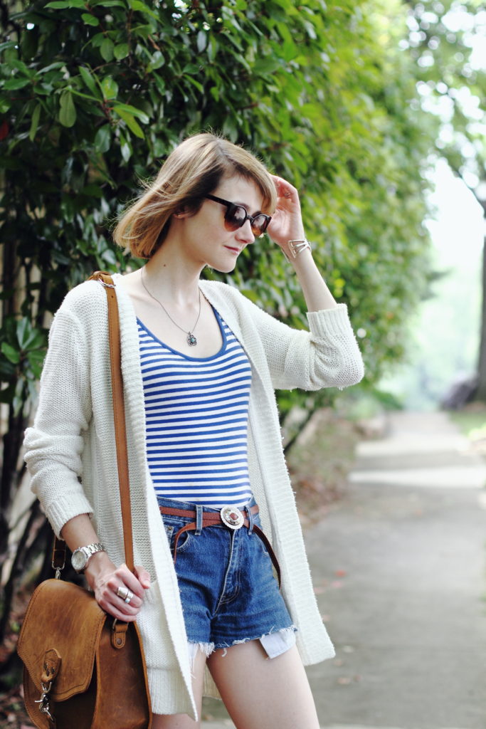 striped top, cut-offs, and lace-up gladiators