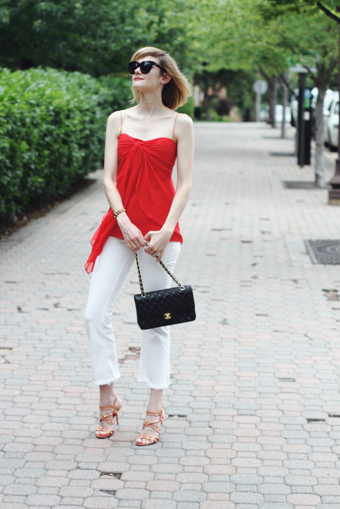 red top and white crop denim