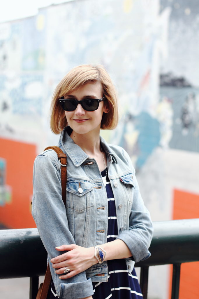 striped dress and denim jacket