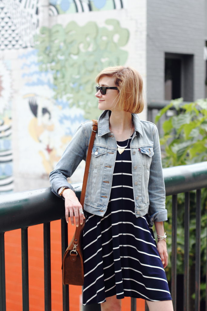 striped dress and denim jacket