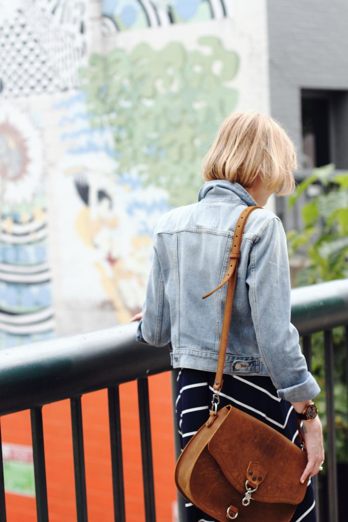 denim jacket and Saddleback Leather bag