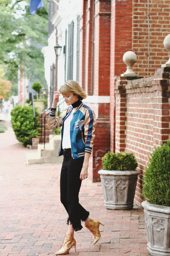 silk bomber, frayed denim and gold boots