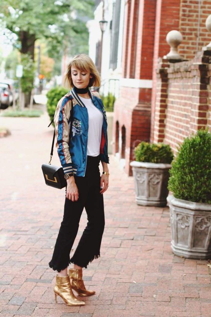 silk bomber, frayed denim and gold boots