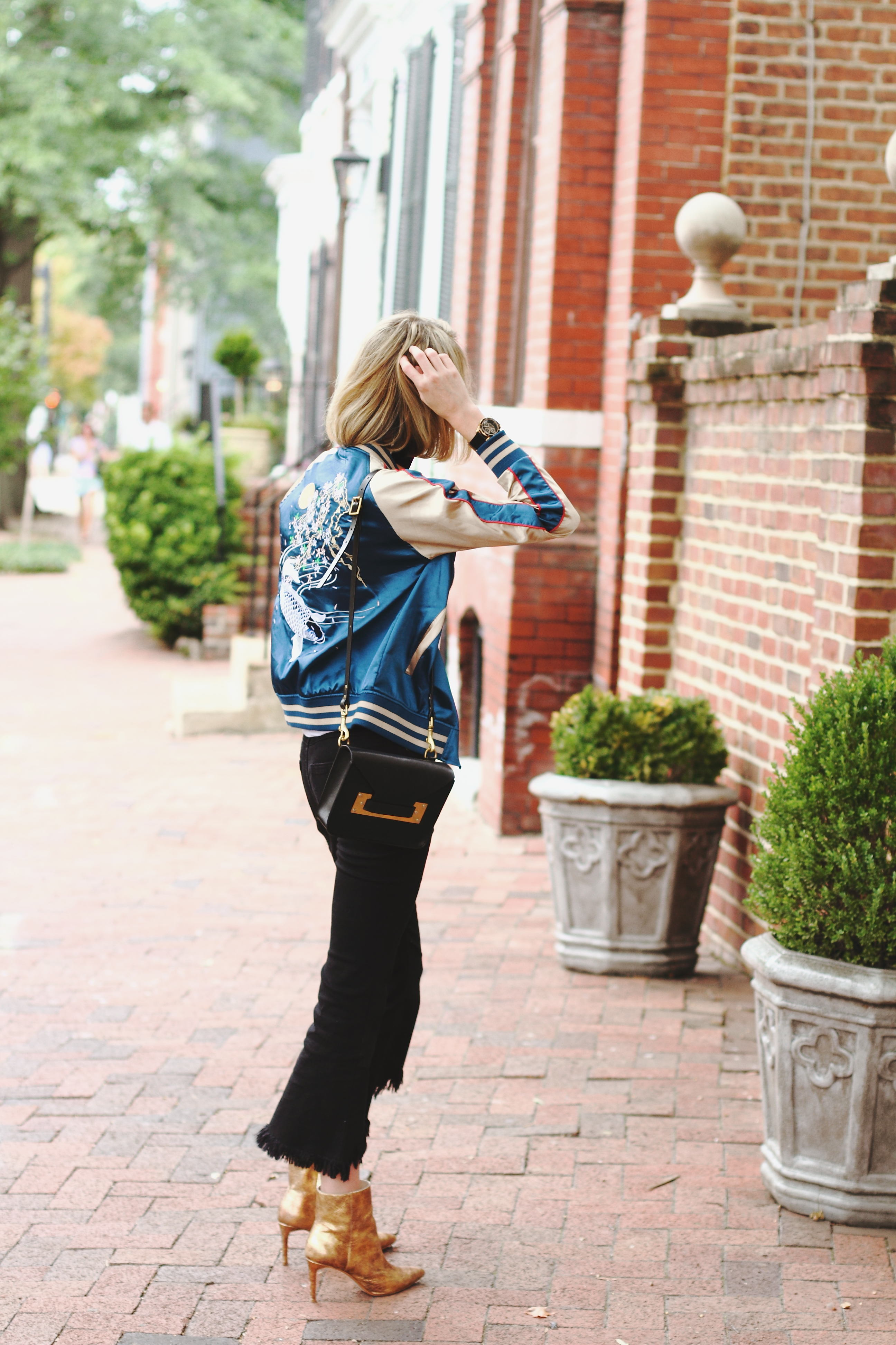 silk bomber, frayed denim and gold boots