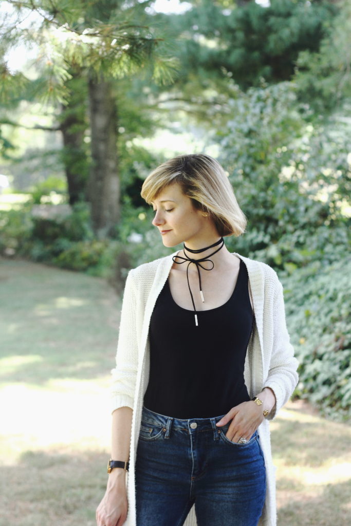 tie choker, Loft cardigan & Topshop denim