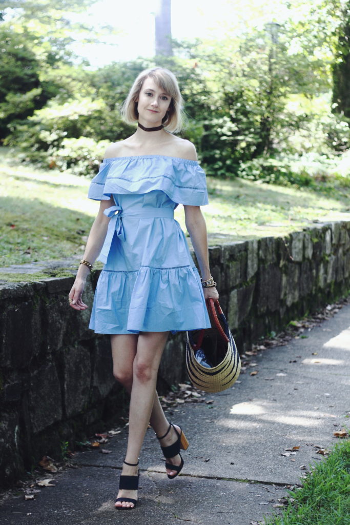 off-the-shoulder dress and denim heels