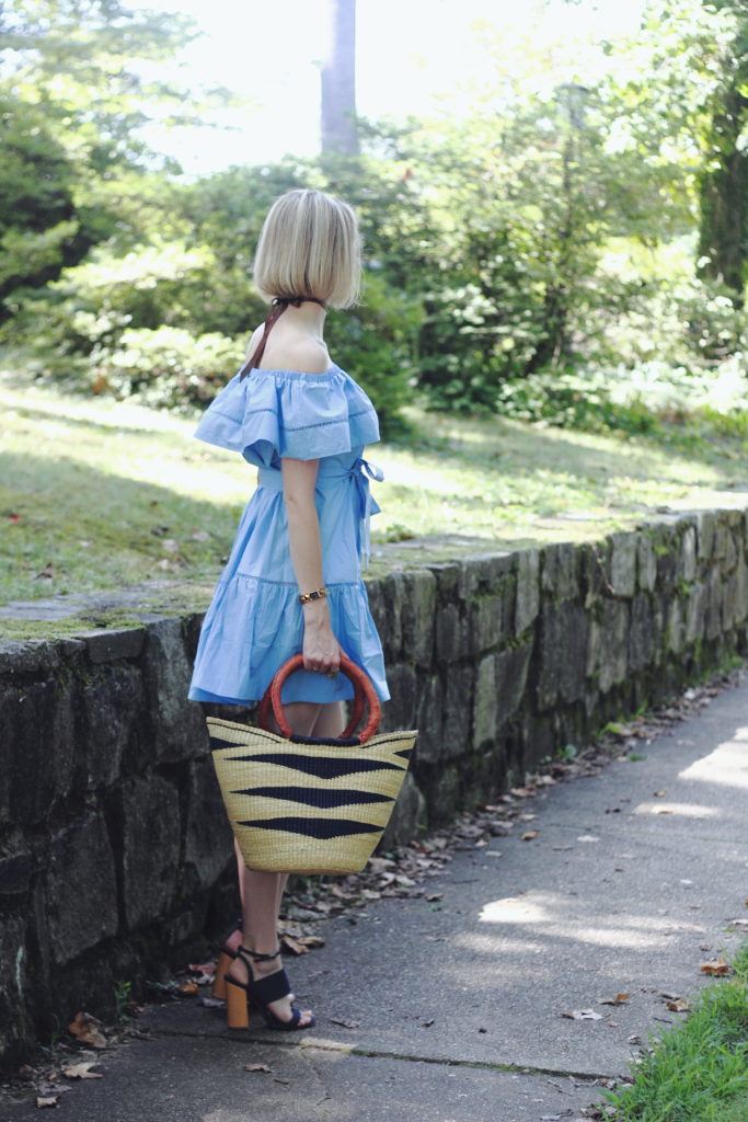 off-the-shoulder dress and denim heels