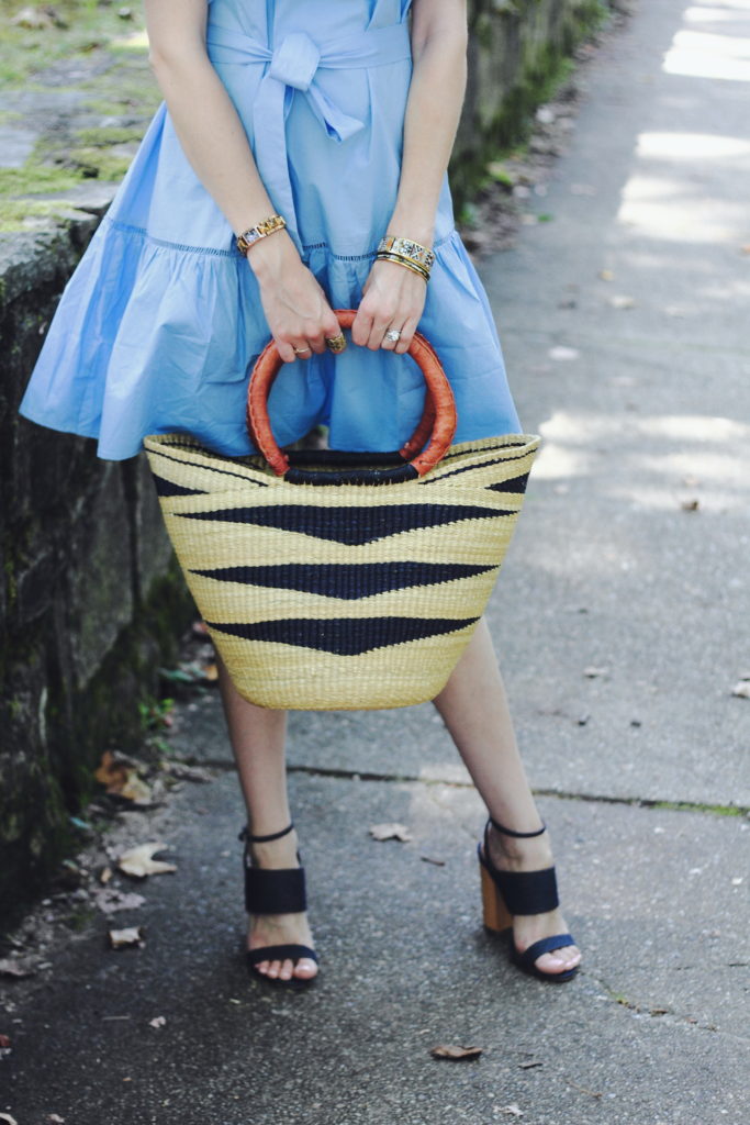 straw bag and Tabitha Simmons heels