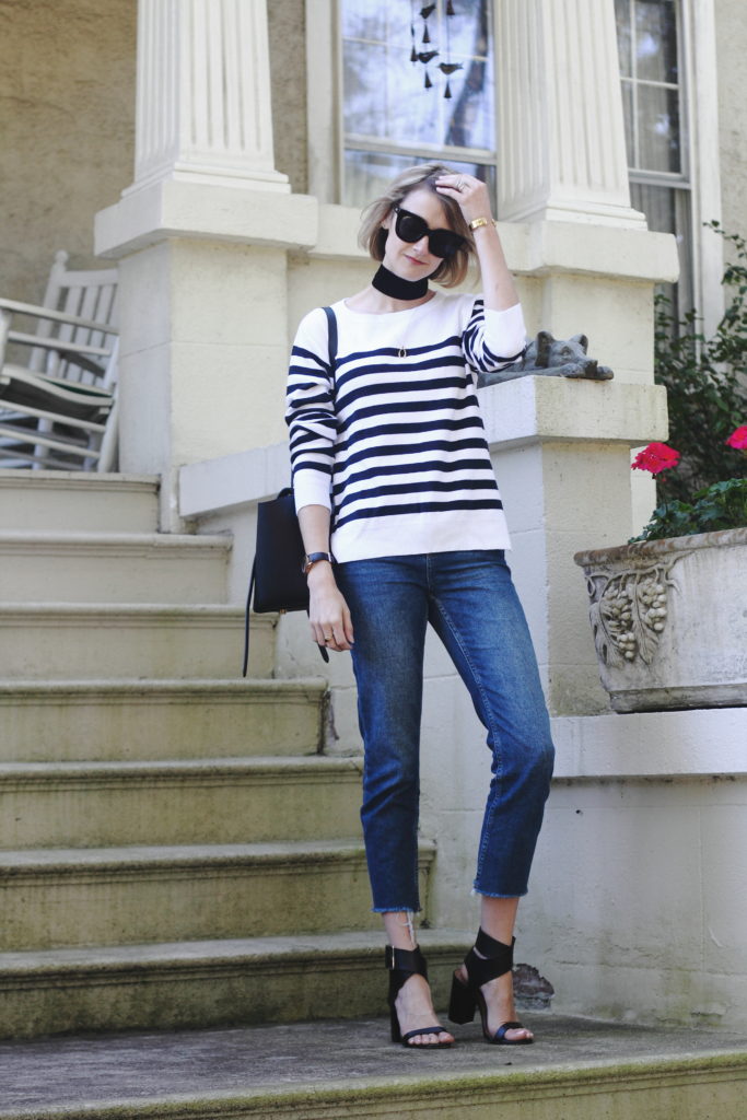 wide choker, striped sweater and raw edge denim