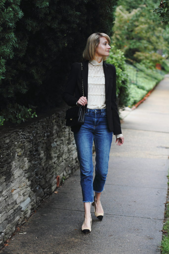 victorian blouse and high-waisted jeans