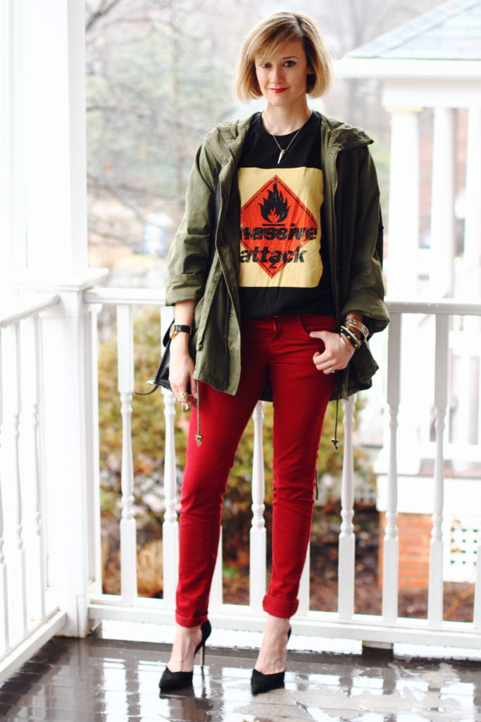 band t-shirt, anorak and red jeans