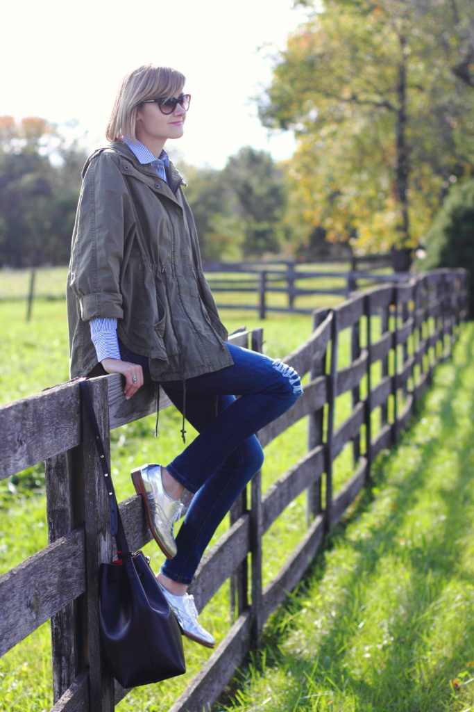 anorak, button-down and silver brogues