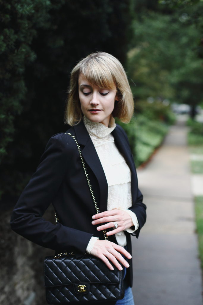 victorian blouse, blazer, and Chanel bag