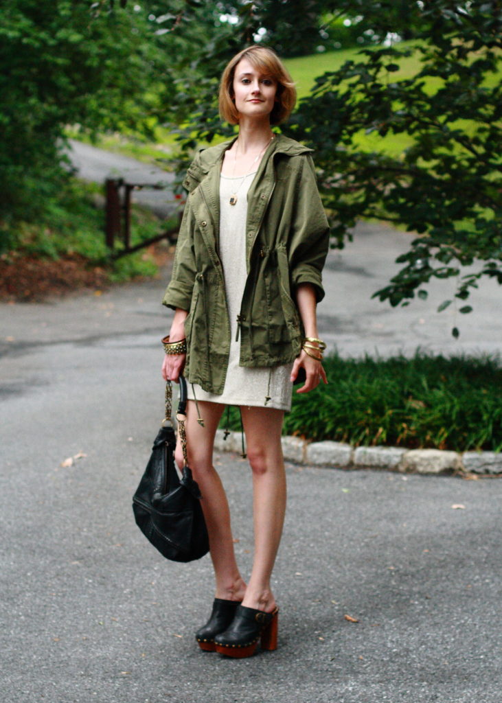 anorak and gold mini dress