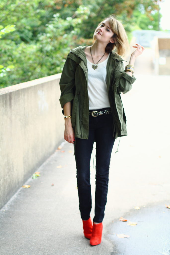 anorak, black denim and red boots