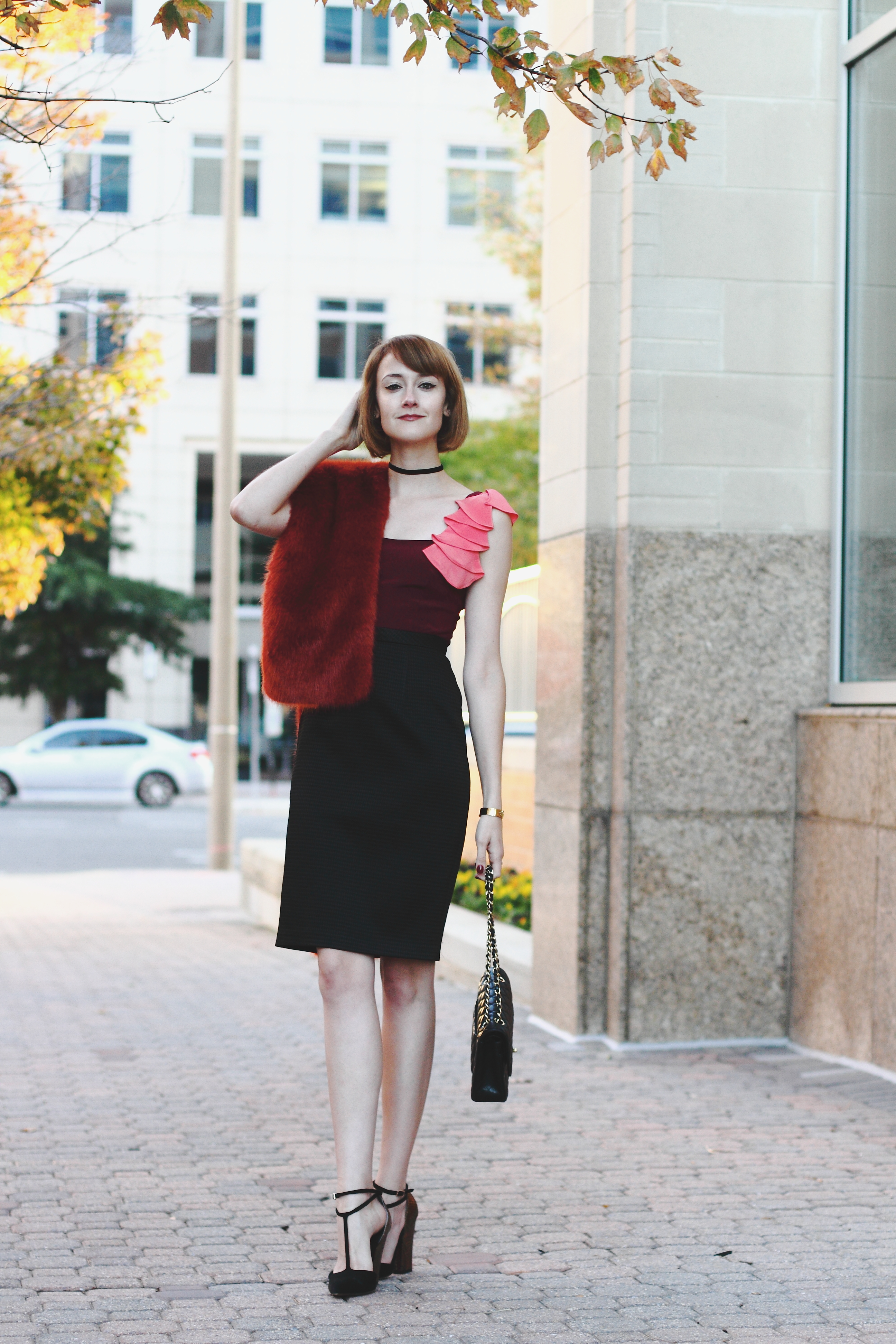 J.Crew faux fur scarf and Jay Godfrey dress