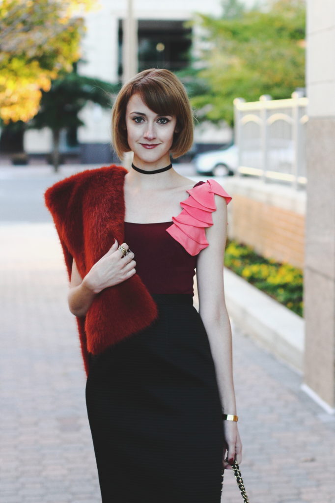 J.Crew faux fur scarf and Jay Godfrey dress