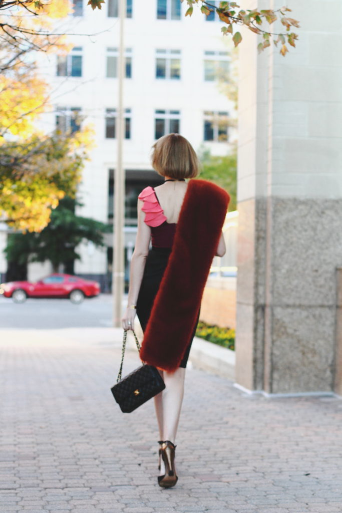 J.Crew faux fur scarf and Jay Godfrey dress